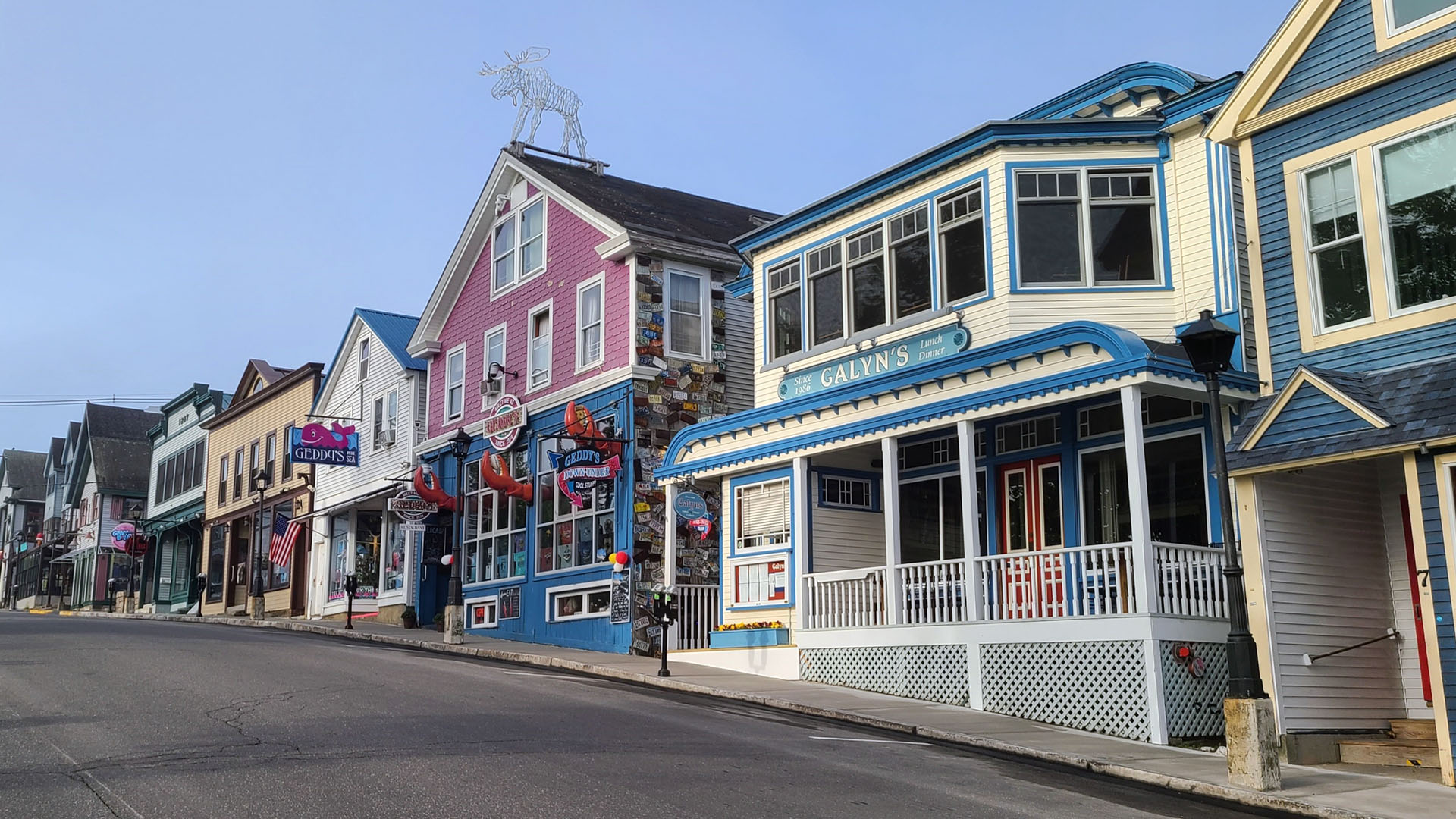 A view of some shops on Main Street in Downtown Bar Harbor